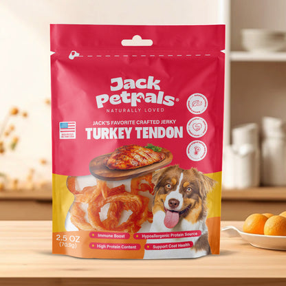 Jack’s Favorite turkey tendon jerky dog treats 6 pack hanging clip strip display