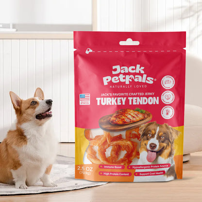 Jack’s Favorite turkey tendon jerky dog treats 6 pack hanging clip strip display