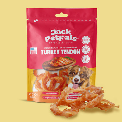 Jack’s Favorite turkey tendon jerky dog treats 6 pack hanging clip strip display