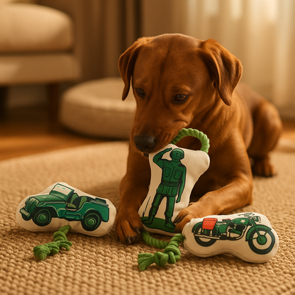 Dog Chew Toy Set - 3-Pack Retro Army Canvas & Fleece Toys with Rope, Crinkle, and Squeakers for Interactive Play