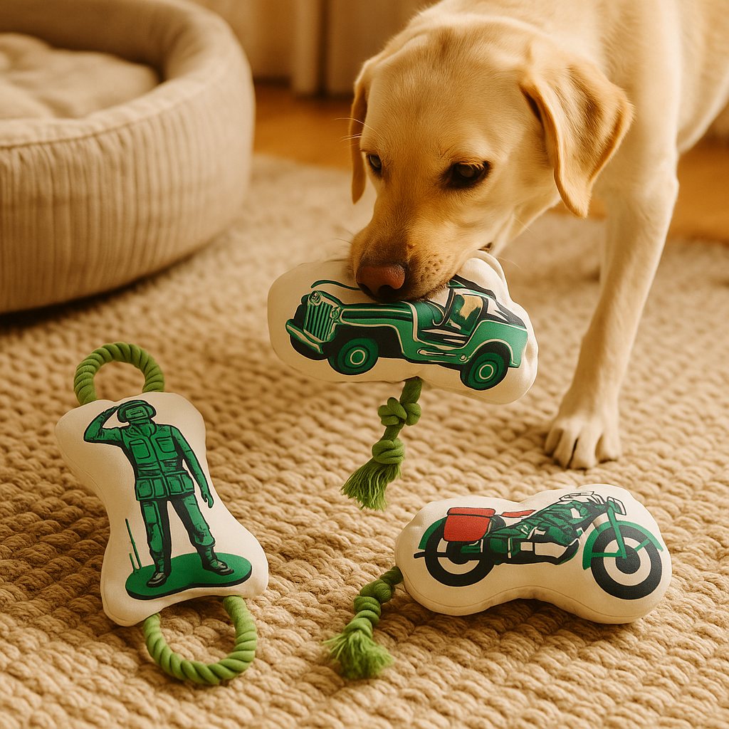 Dog Chew Toy Set - 3-Pack Retro Army Canvas & Fleece Toys with Rope, Crinkle, and Squeakers for Interactive Play