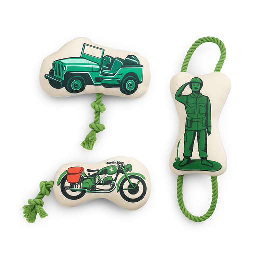 Dog Chew Toy Set - 3-Pack Retro Army Canvas & Fleece Toys with Rope, Crinkle, and Squeakers for Interactive Play