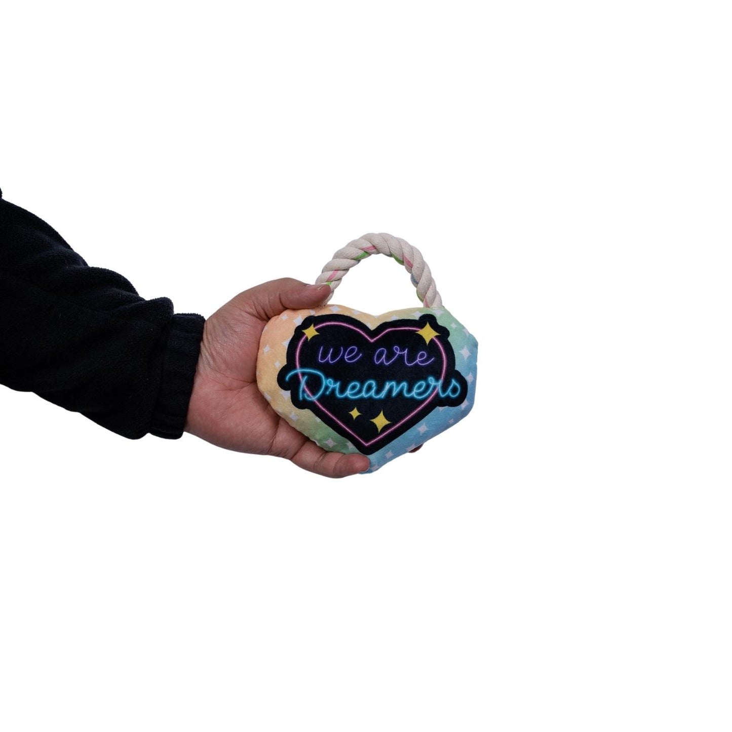 Love heart plush dog toy with crinkle and squeak