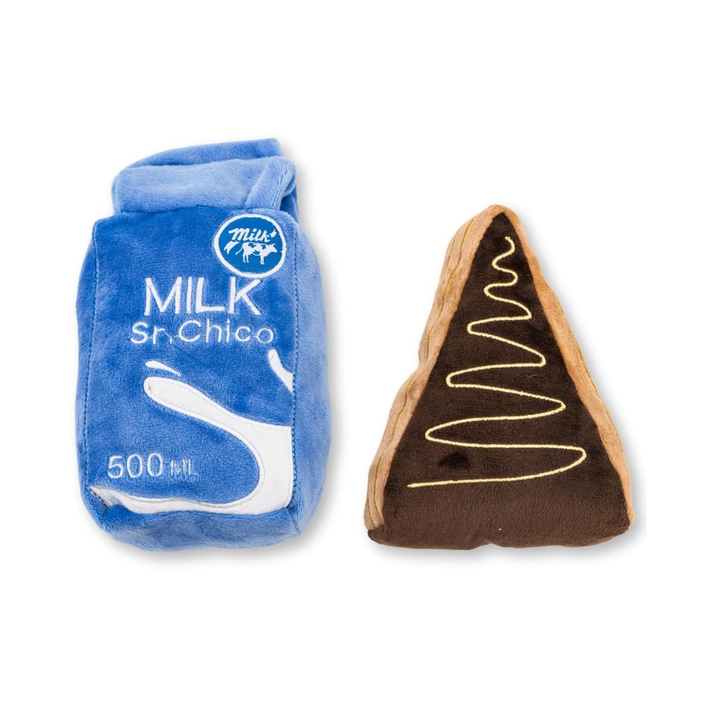 Cake slice and milk plush dog toy combo