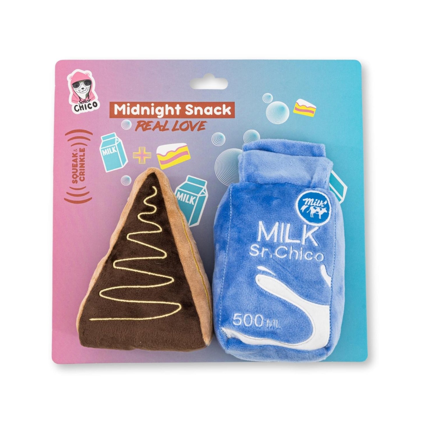 Cake slice and milk plush dog toy combo