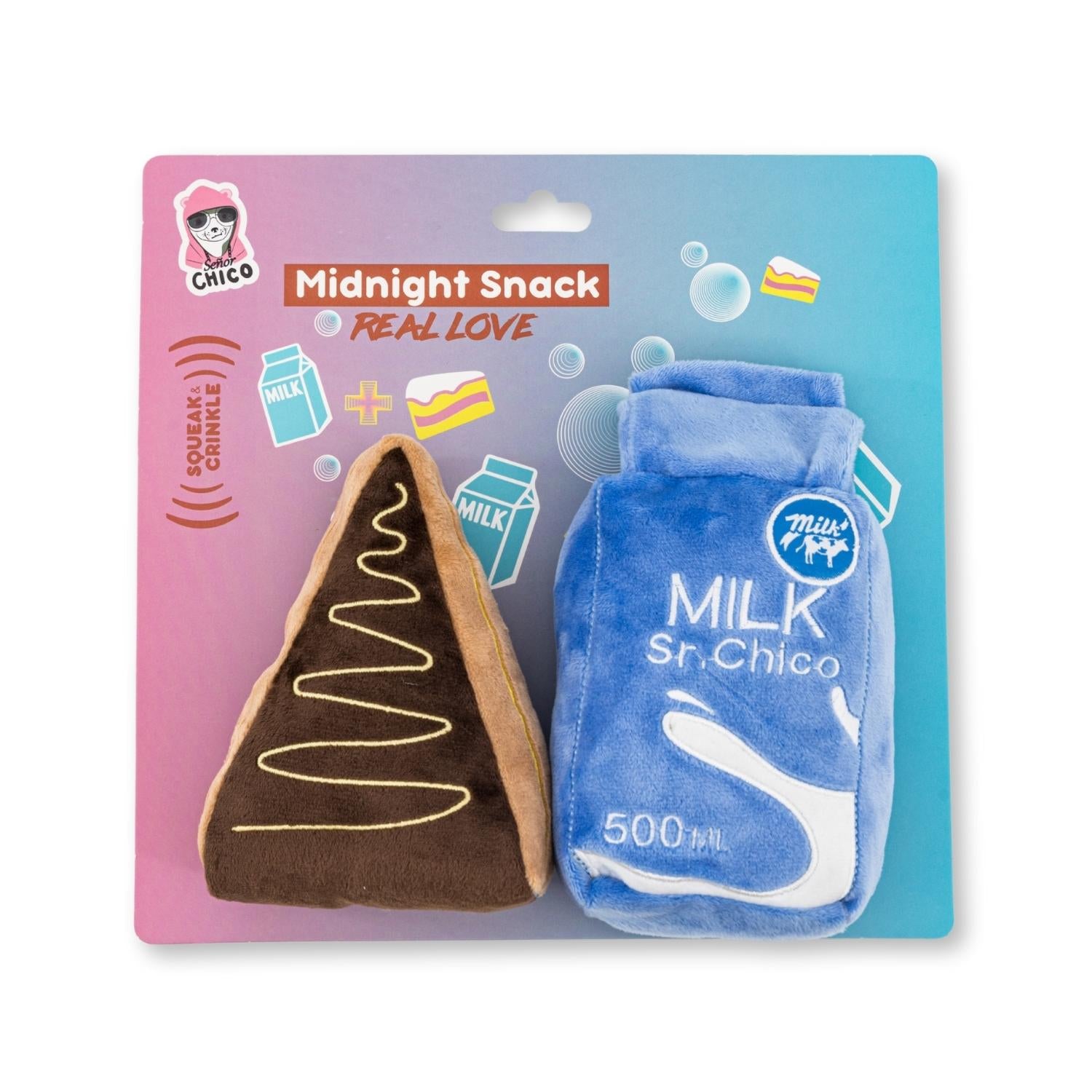Cake slice and milk plush dog toy combo