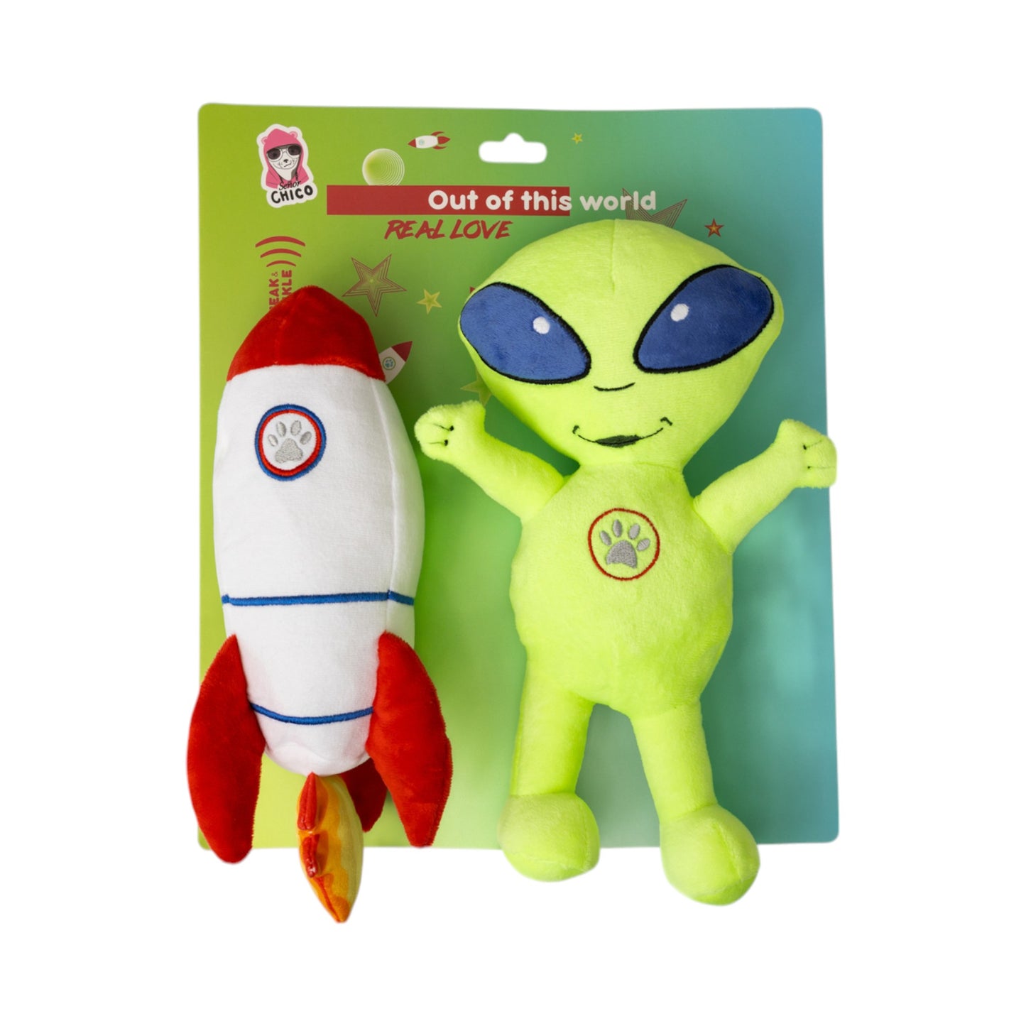 Plush dog toy combo with crinkle and squeaker sounds