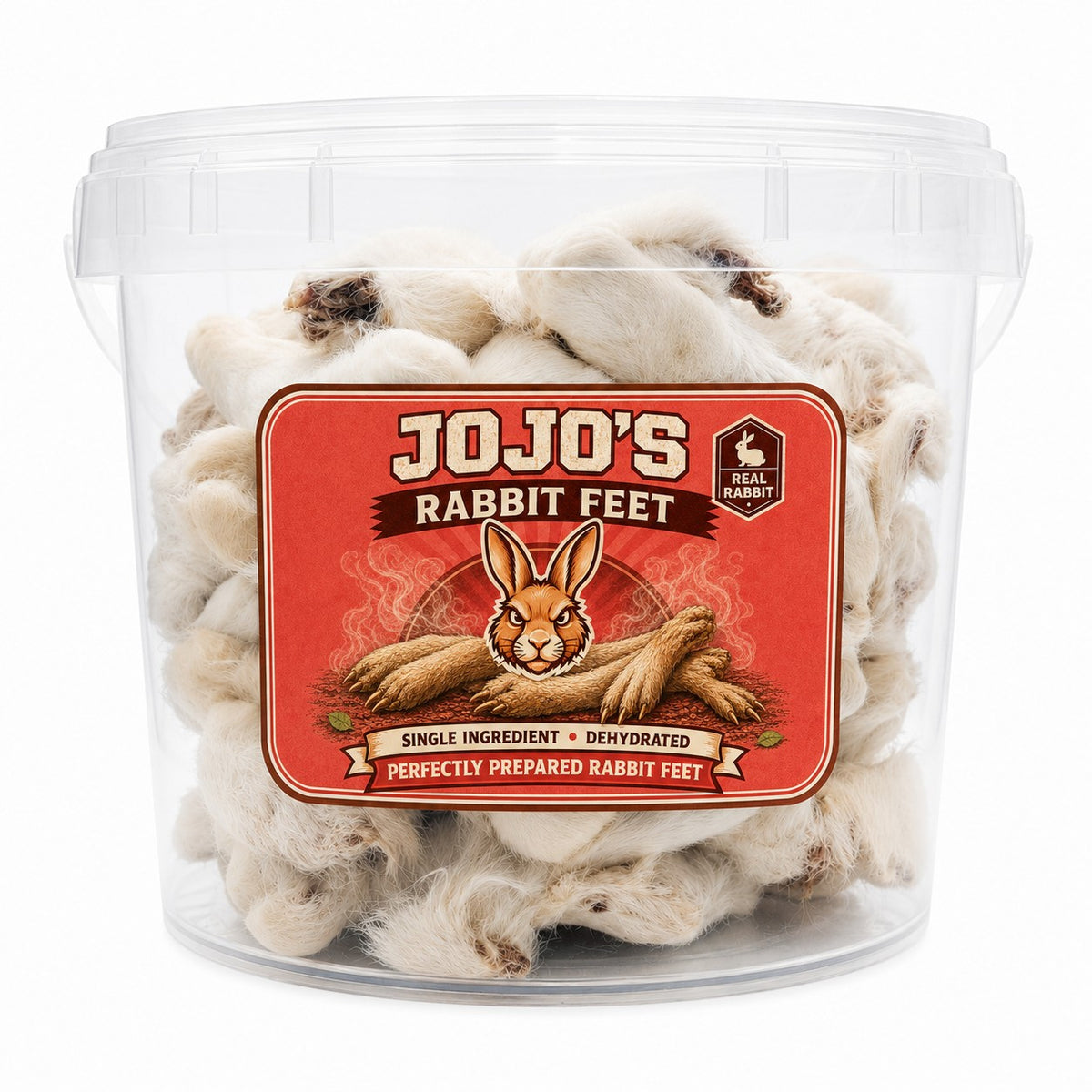 Natural rabbit feet with fur dog chews in value bucket