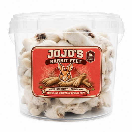 Natural rabbit feet with fur dog chews in value bucket