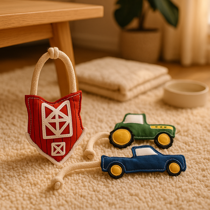 Country Living Dog Toy Set, 3-Piece Faux Leather Collection in Red Barn, Green Tractor and Blue Pickup Truck Designs - Durable Construction