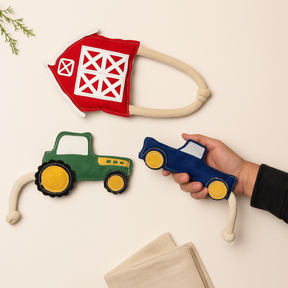 Country Living Dog Toy Set, 3-Piece Faux Leather Collection in Red Barn, Green Tractor and Blue Pickup Truck Designs - Durable Construction