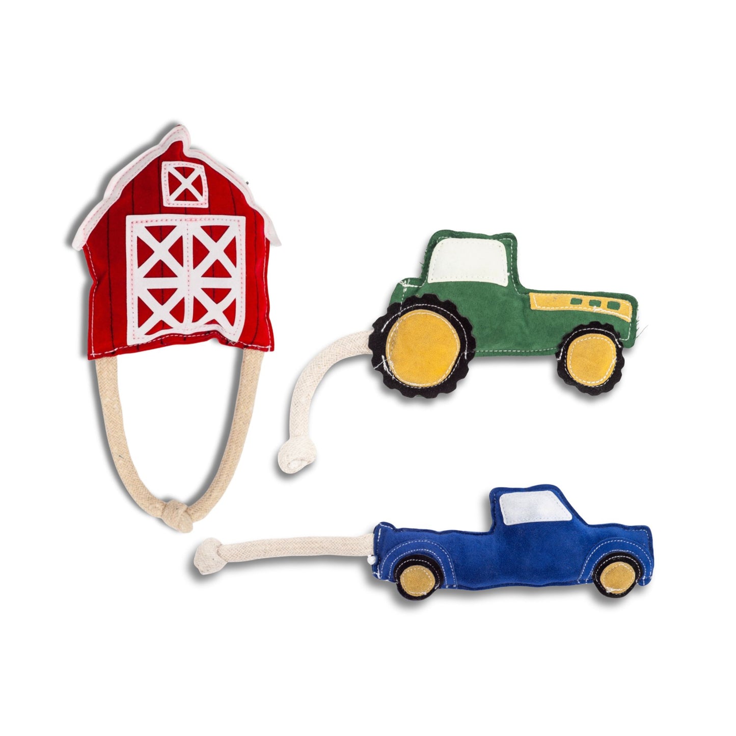 Country Living Dog Toy Set, 3-Piece Faux Leather Collection in Red Barn, Green Tractor and Blue Pickup Truck Designs - Durable Construction