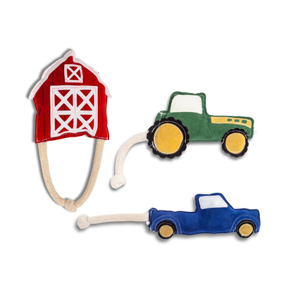 Country Living Dog Toy Set, 3-Piece Faux Leather Collection in Red Barn, Green Tractor and Blue Pickup Truck Designs - Durable Construction