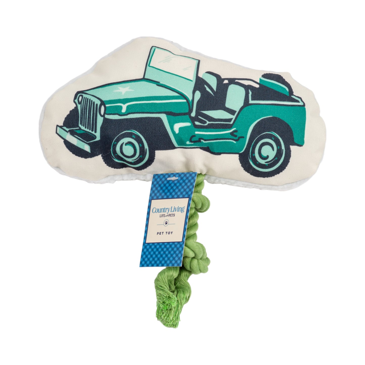 Plush dog toy shaped like a retro army jeep