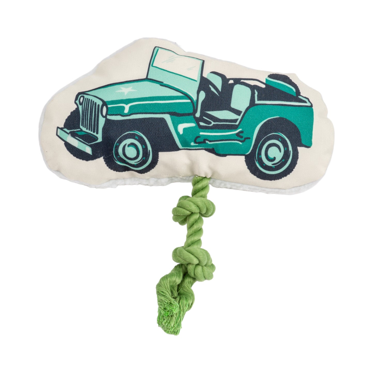 Plush dog toy shaped like a retro army jeep