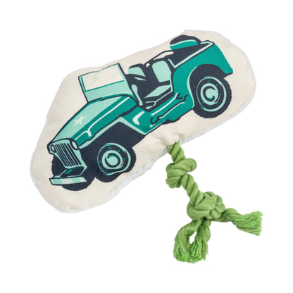 Plush dog toy shaped like a retro army jeep