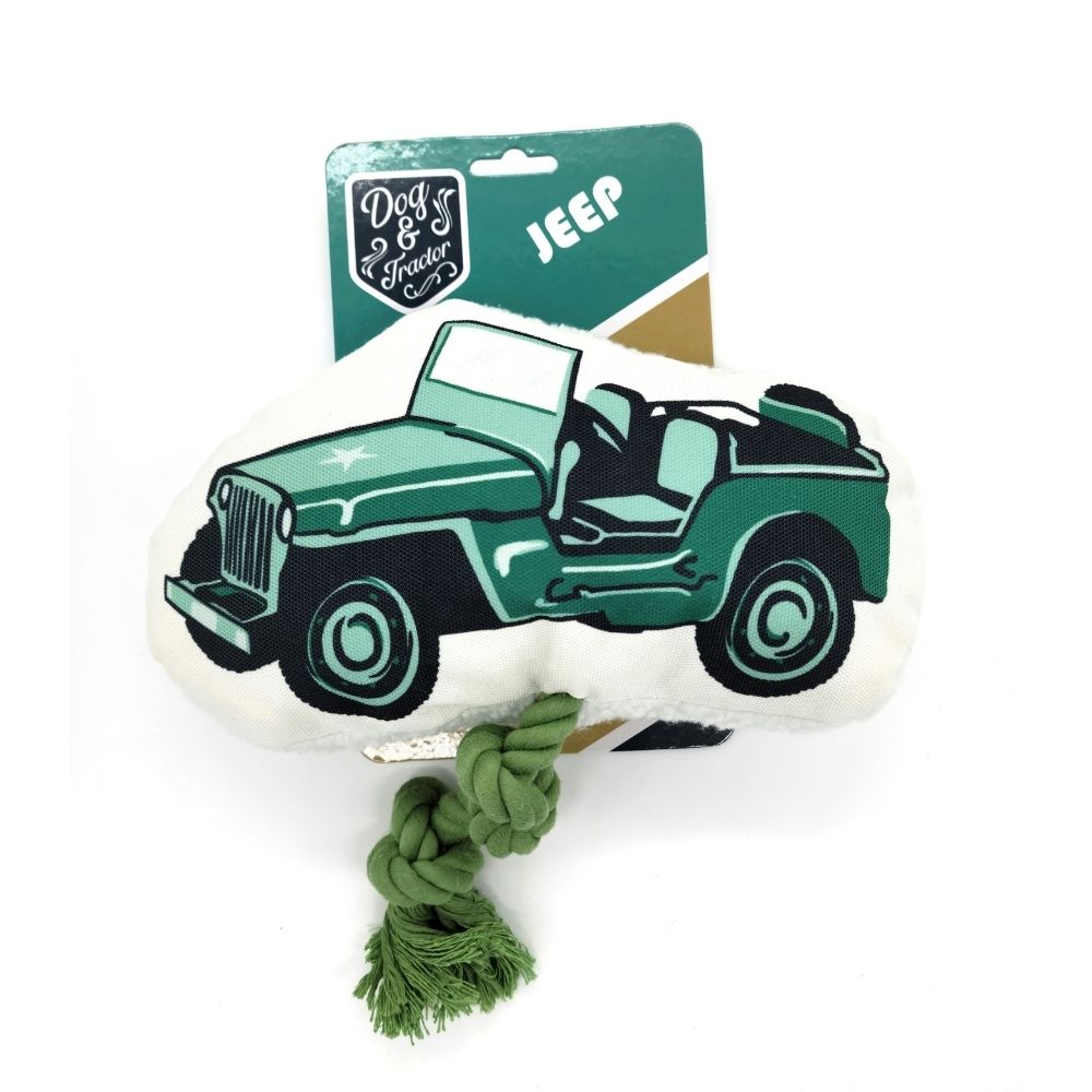 Plush dog toy shaped like a retro army jeep