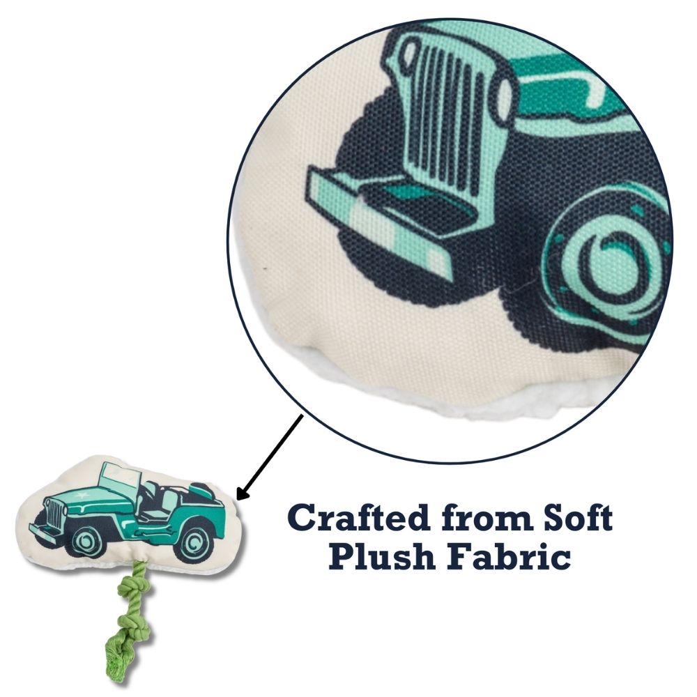 Plush dog toy shaped like a retro army jeep