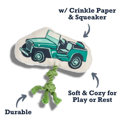Plush dog toy shaped like a retro army jeep