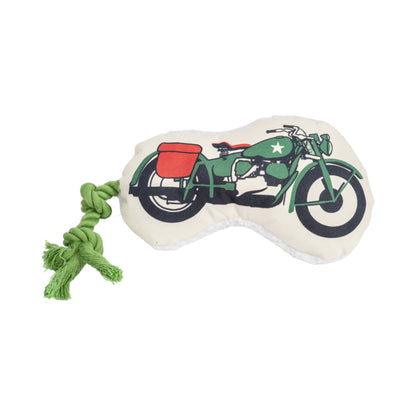 Plush dog toy shaped like a retro army motorcycle