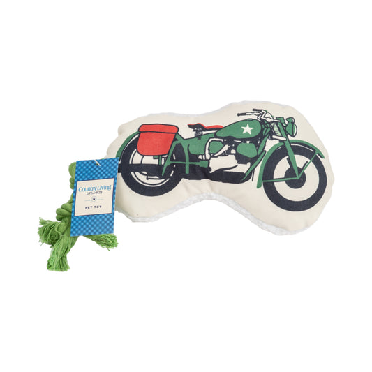 Plush dog toy shaped like a retro army motorcycle