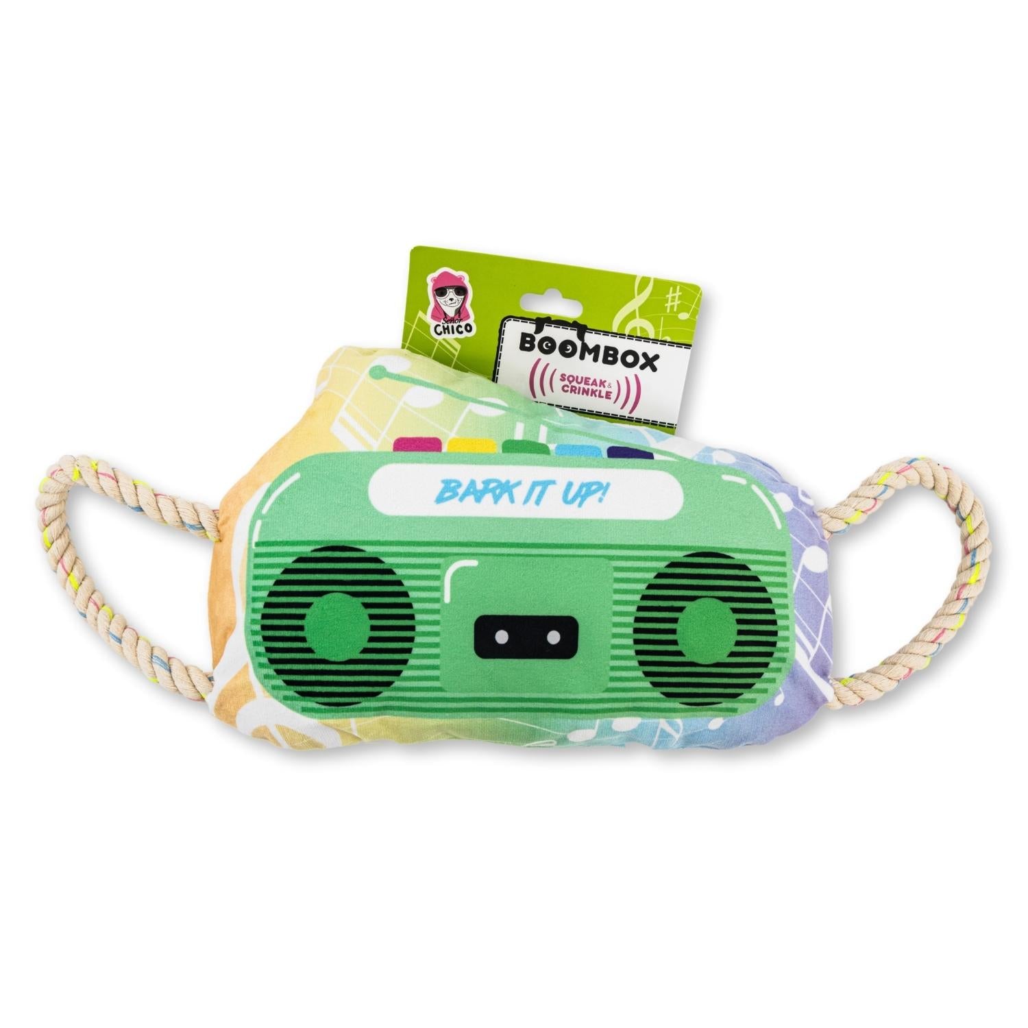 Retro boombox plush dog toy with crinkle and squeak features