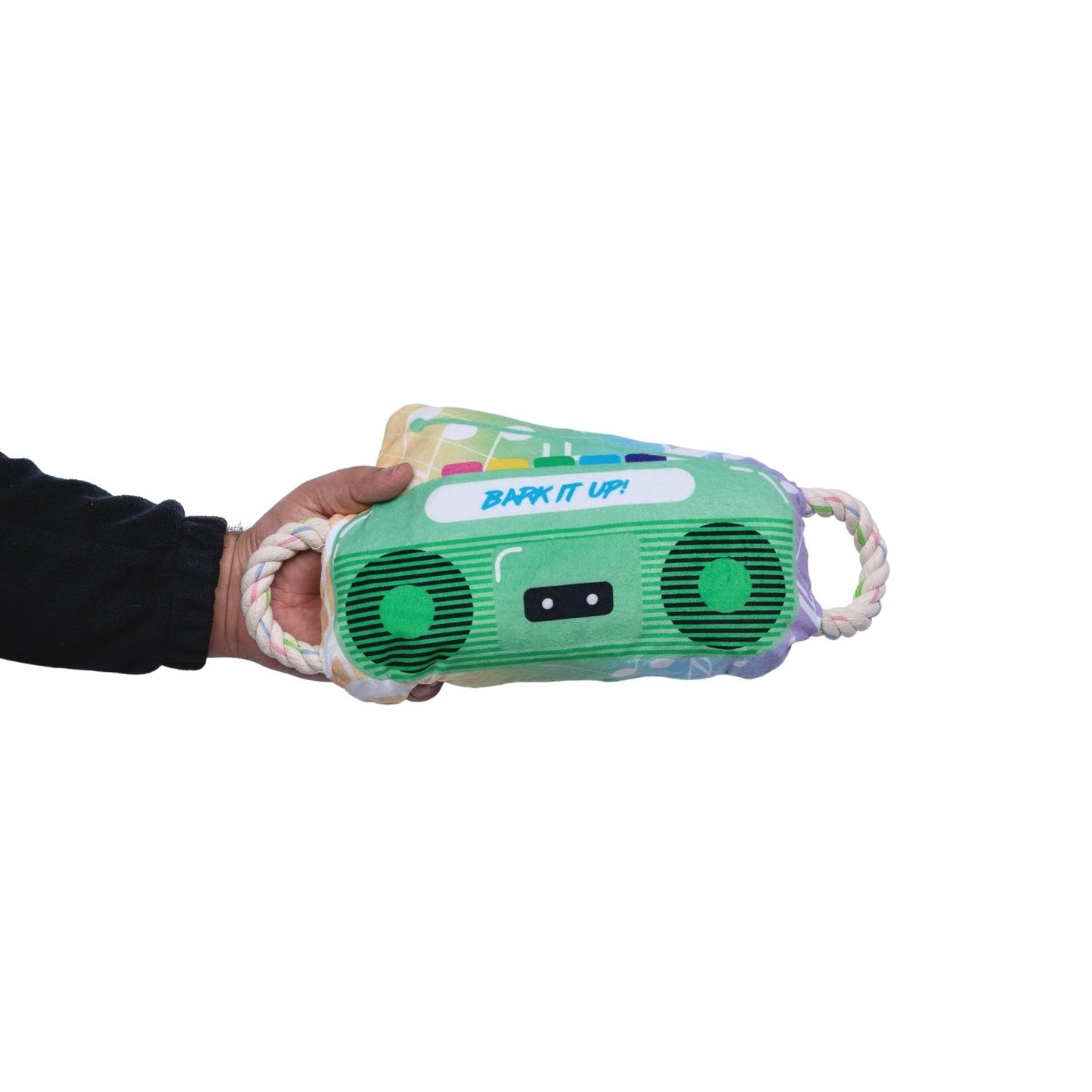 Retro boombox plush dog toy with crinkle and squeak features