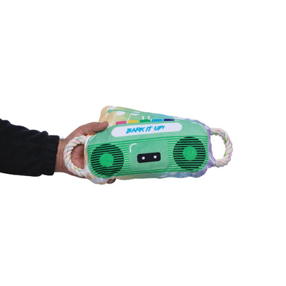 Retro boombox plush dog toy with crinkle and squeak features