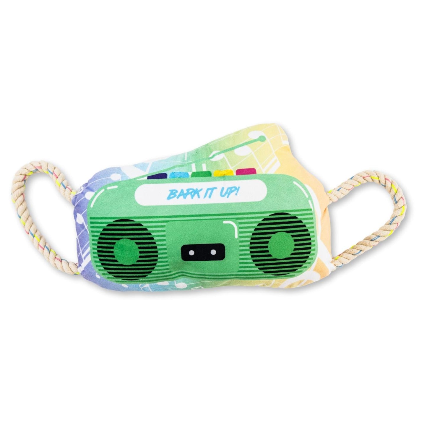 Retro boombox plush dog toy with crinkle and squeak features