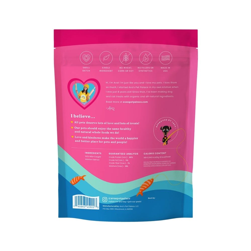 Ava's Pet Palace salmon jerky dog treats, crunchy natural fish treats