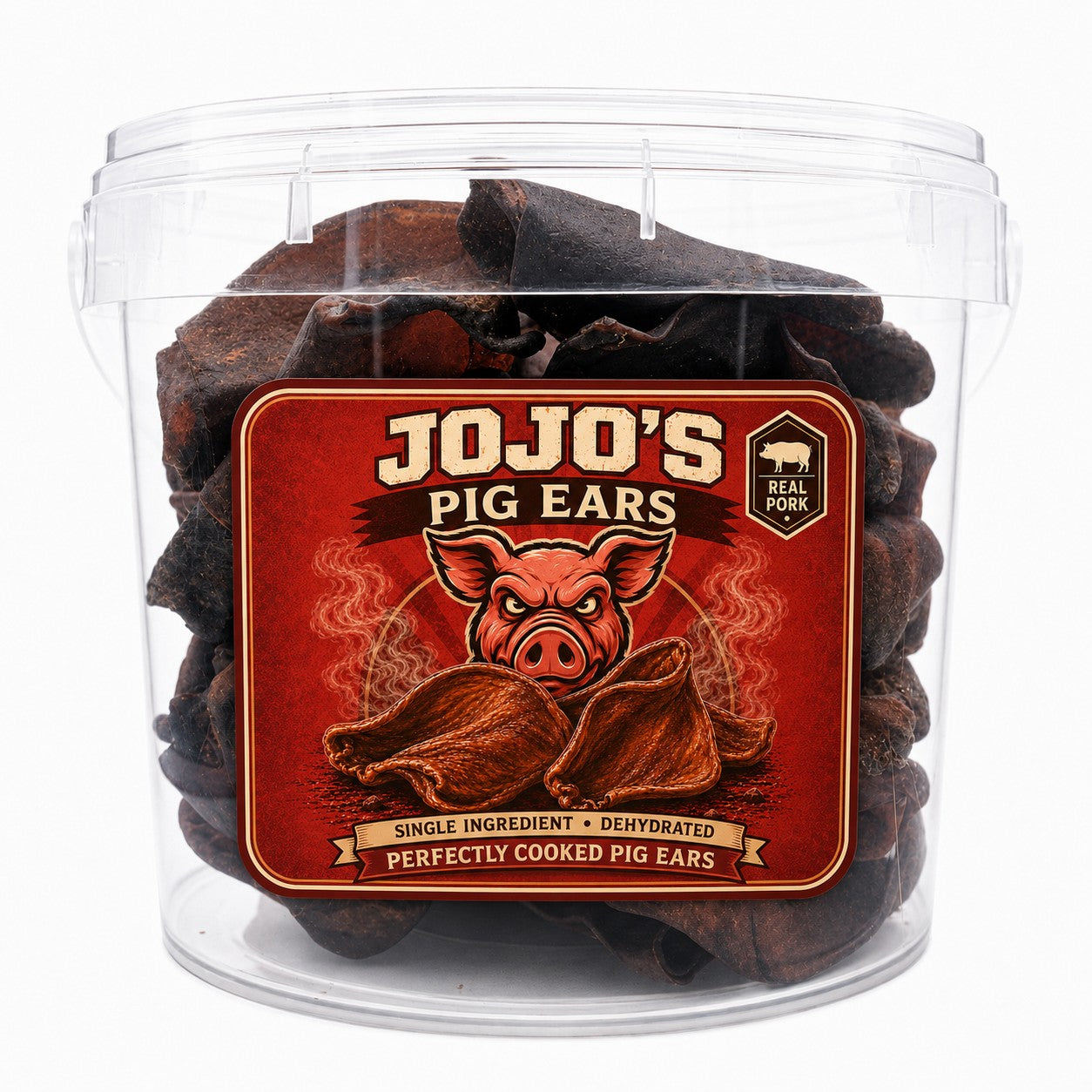 Natural smoked pig ears dog chews in value bucket