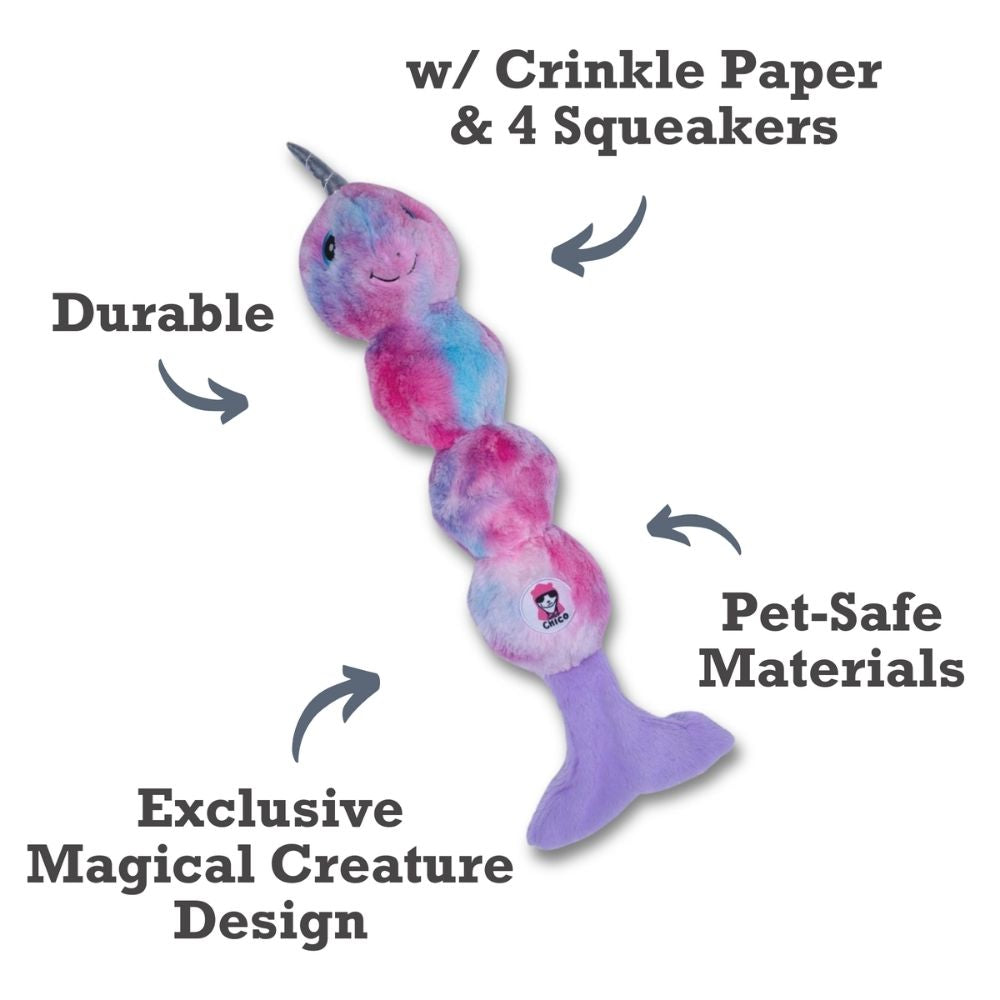 tie dye narwhal plush dog toy magical creature squeaky dog toy
