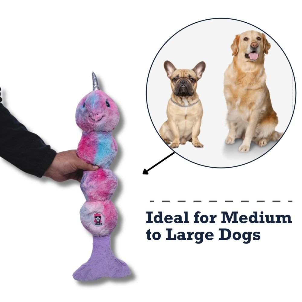 tie dye narwhal plush dog toy magical creature squeaky dog toy