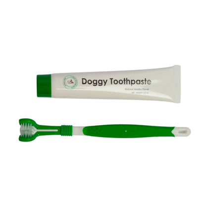 Triple headed dog toothbrush with toothpaste 2 piece kit