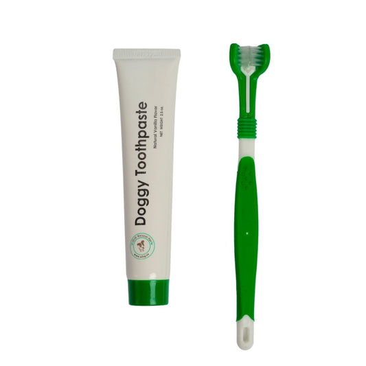 Triple headed dog toothbrush with toothpaste 2 piece kit