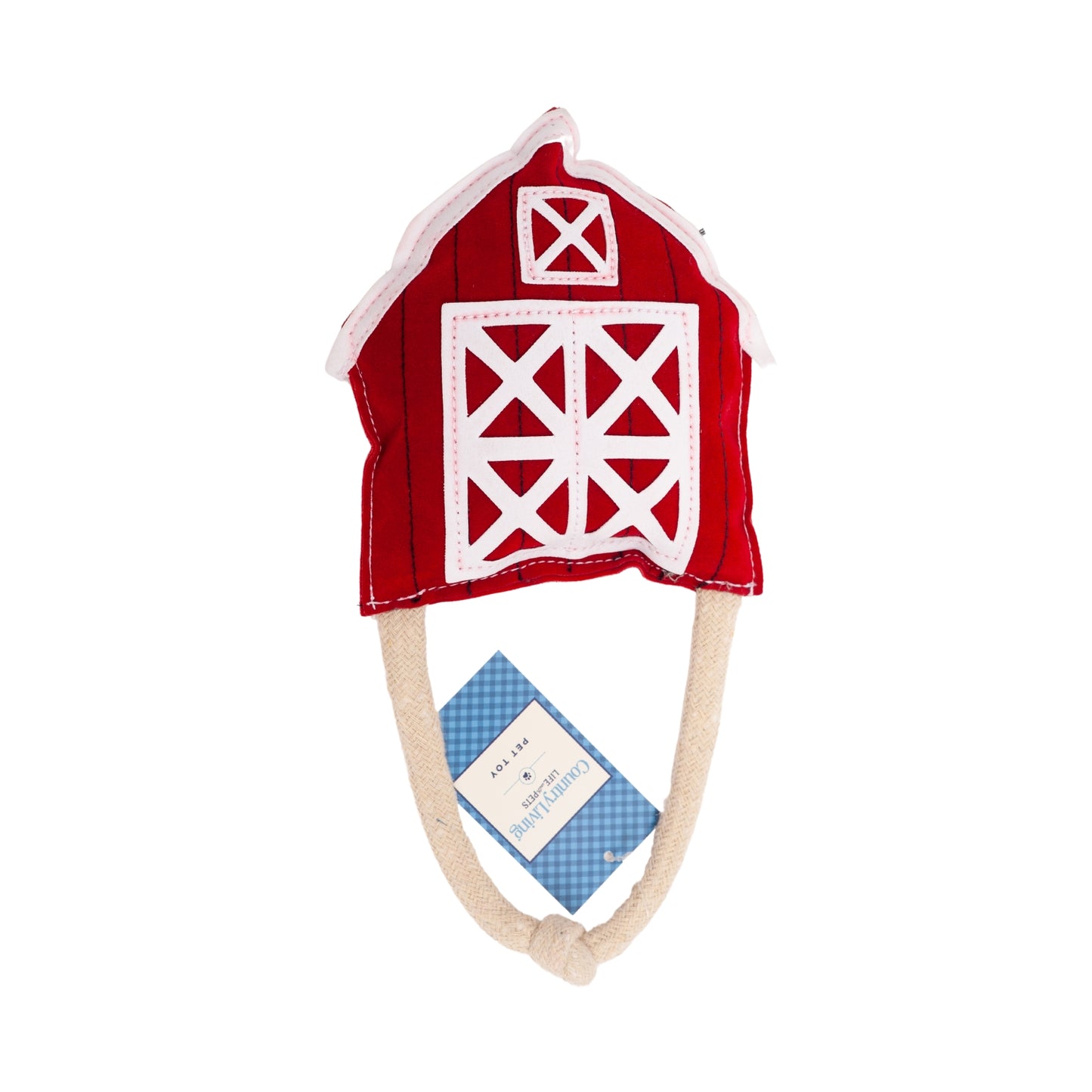 Durable vegan leather dog chew toy shaped like a red barn