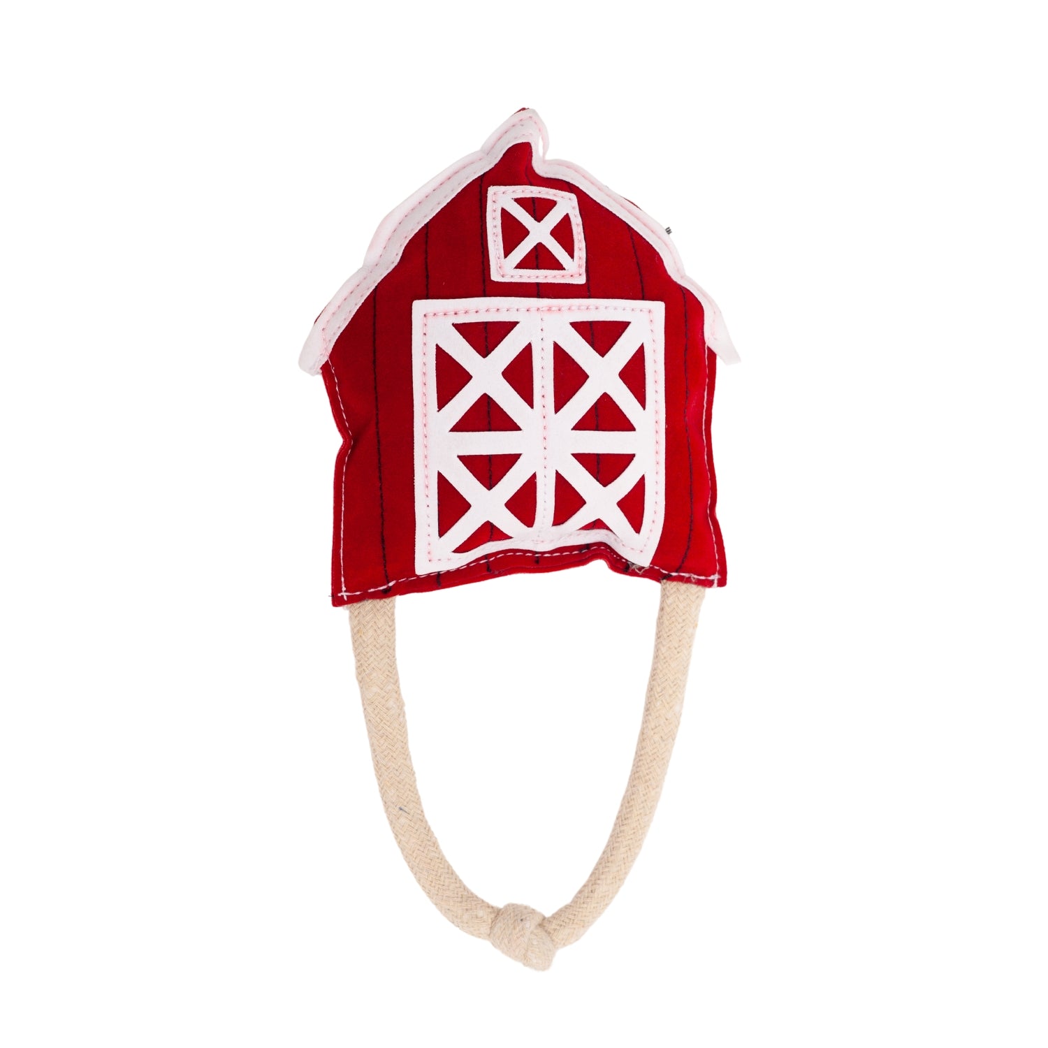 Durable vegan leather dog chew toy shaped like a red barn