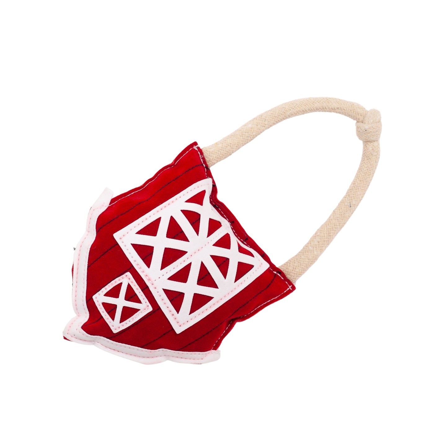 Durable vegan leather dog chew toy shaped like a red barn