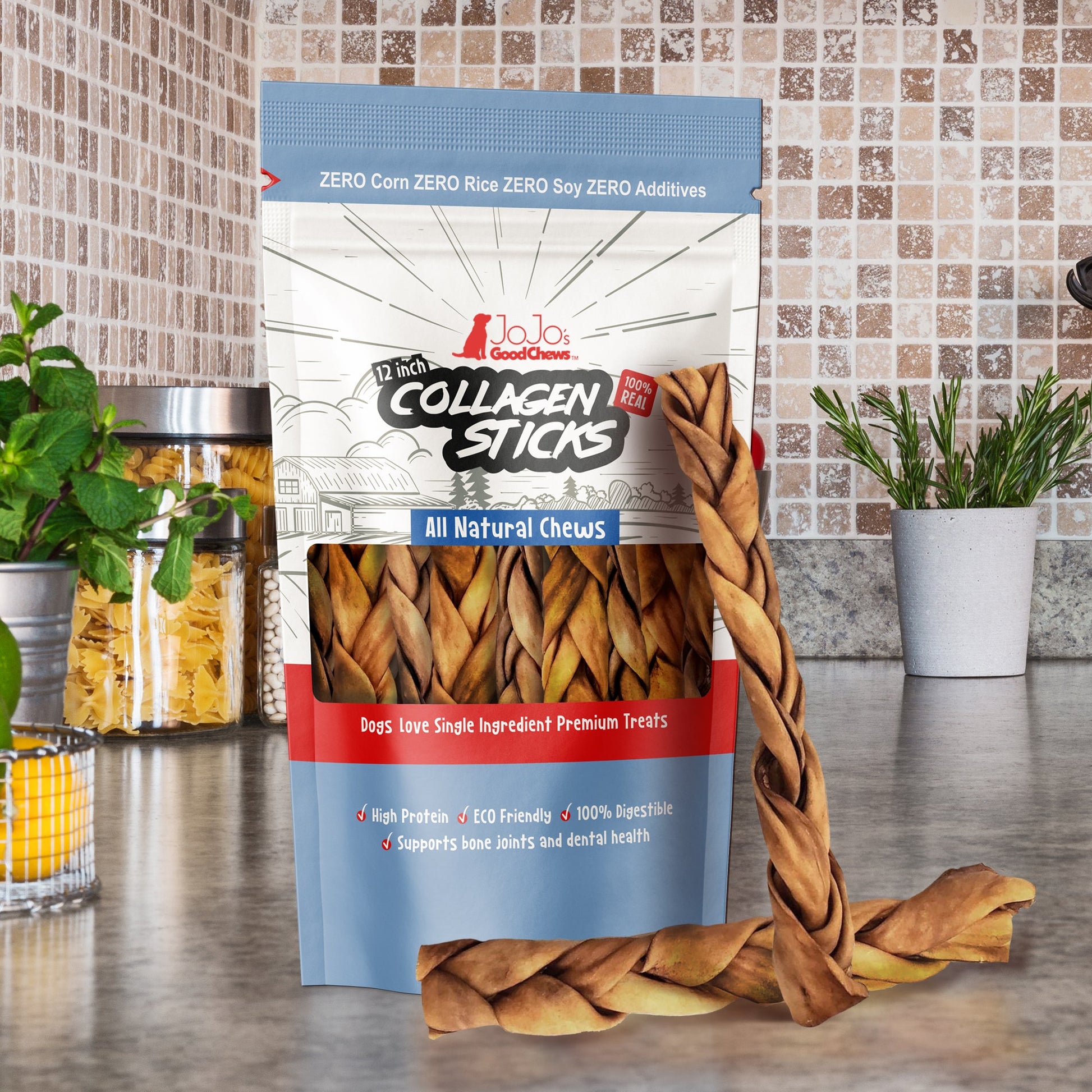 12 inch braided collagen stick dog treats natural long lasting single ingredient chew 4 pack