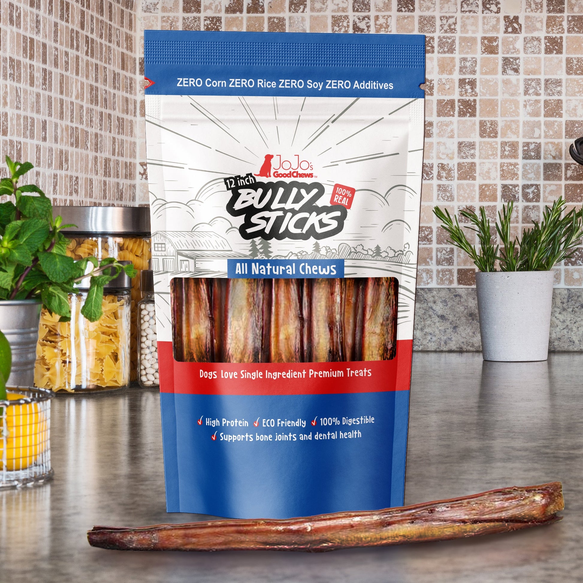 12 inch jumbo beef bully sticks dog treats, 2 per bag