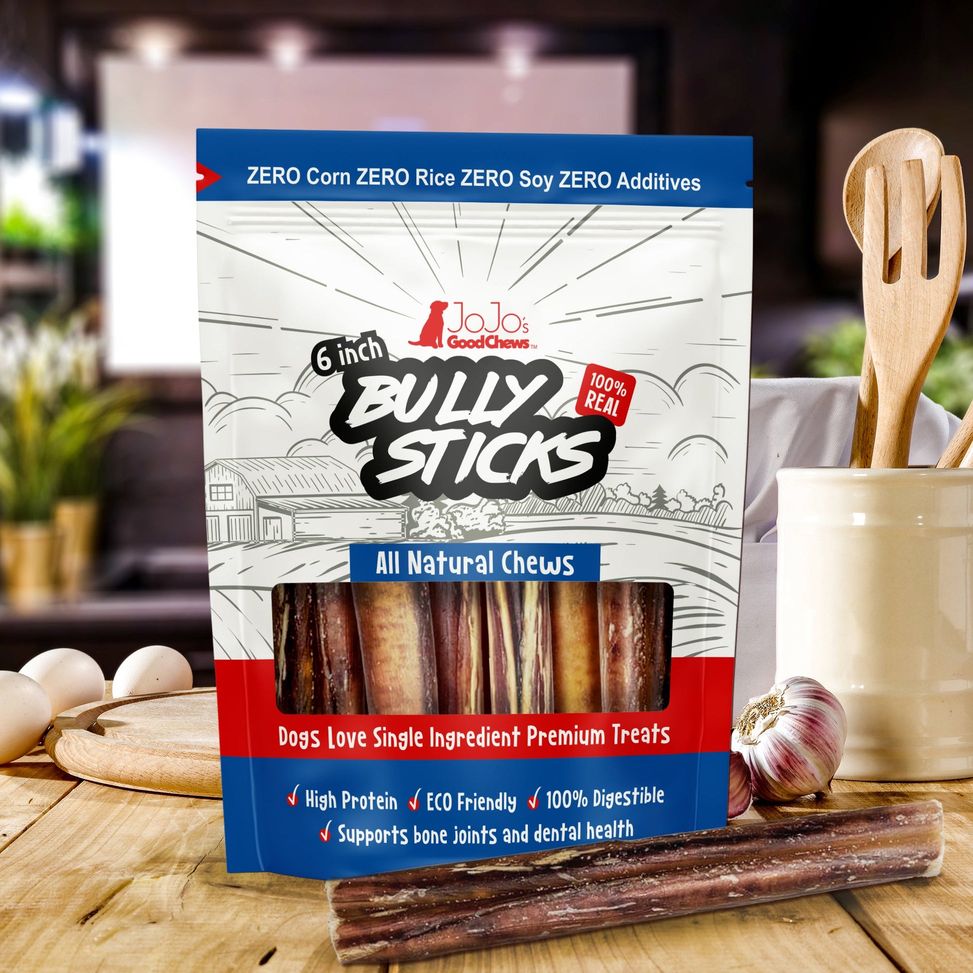 6 inch thick beef bully sticks dog treats, 3 per bag