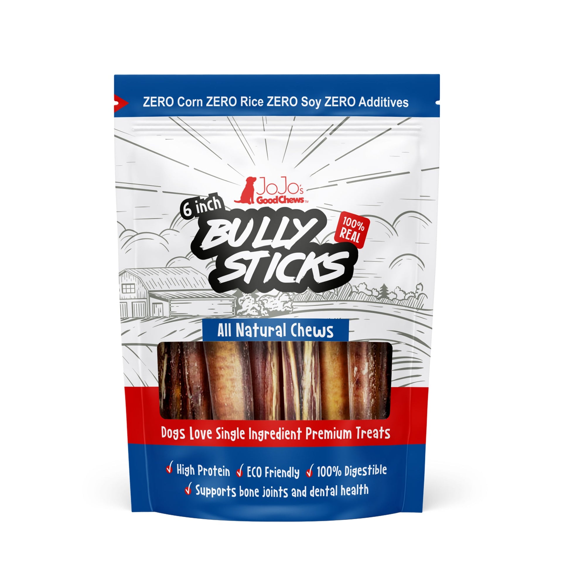 6 inch thick beef bully sticks dog treats, 3 per bag