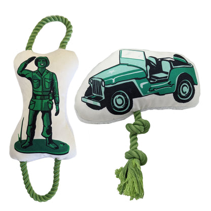 Retro Military Plush Dog Toy Combo – Army Jeep & Soldier with Ropes & Squeakers