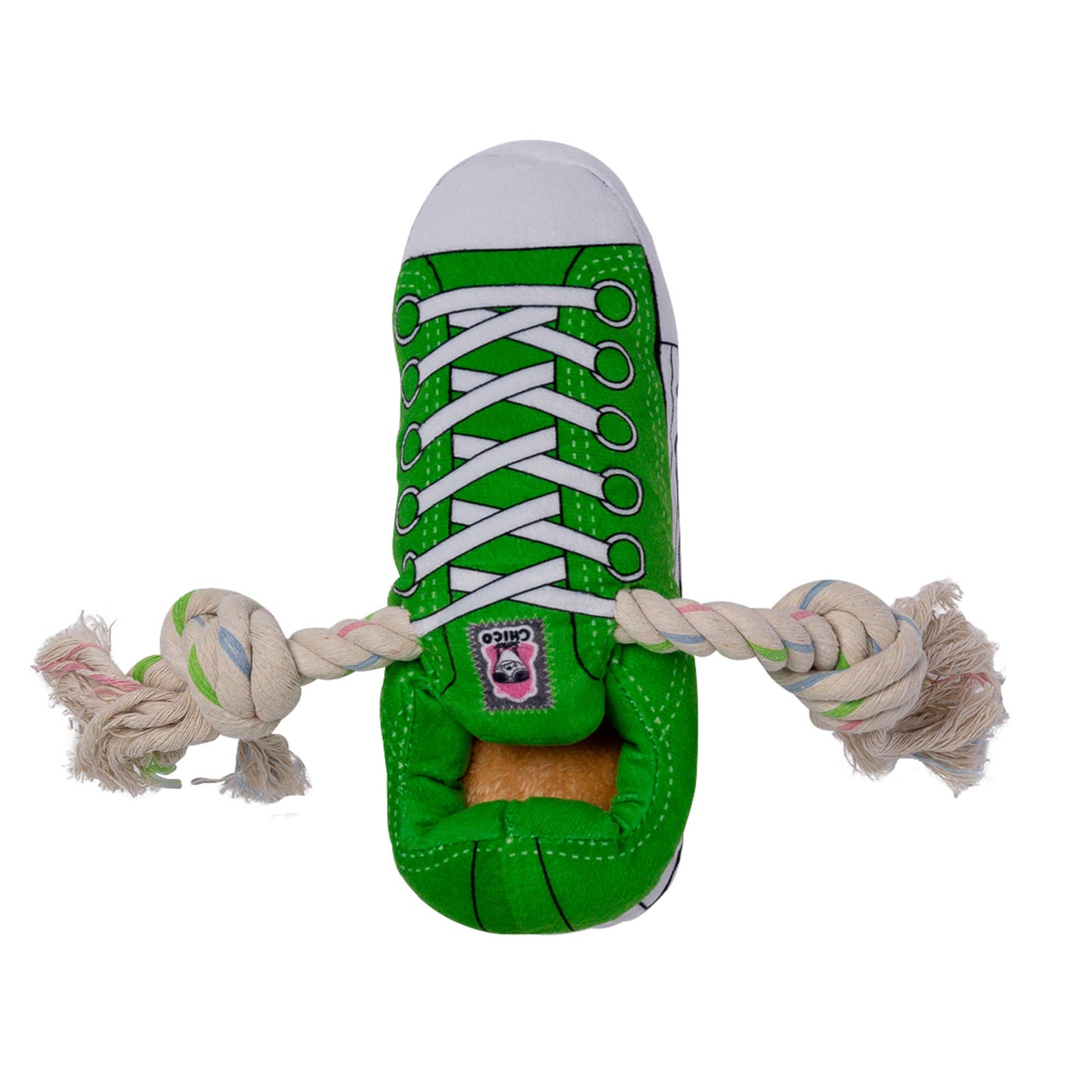 Squeaking Comfort Plush Sneaker Dog Toy – Rope, Squeaker & Treat Compartment, Safe & Durable – Green