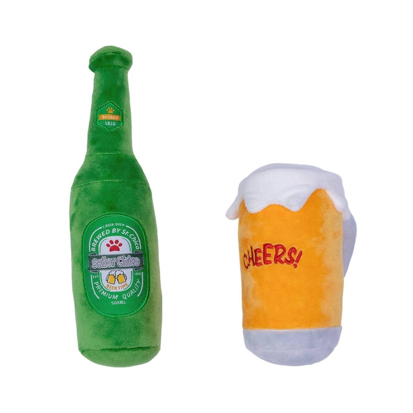 Beer Cheers crinkle and squeaky plush dog toy gift set