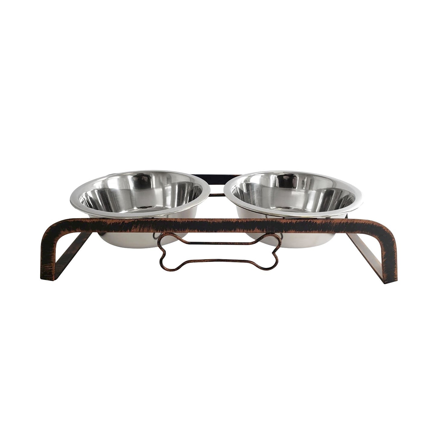 Rustic elevated dog bone feeder with two stainless steel bowls