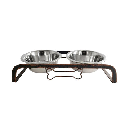 Rustic elevated dog bone feeder with two stainless steel bowls