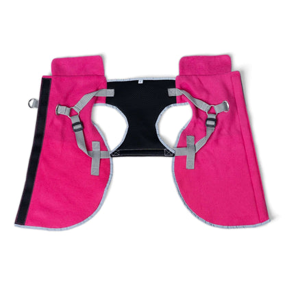 fuchsia thermal dog fleece jacket with integrated harness