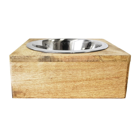 Stainless Steel Dog Bowl with Square Mango Wood Holder (1qt)