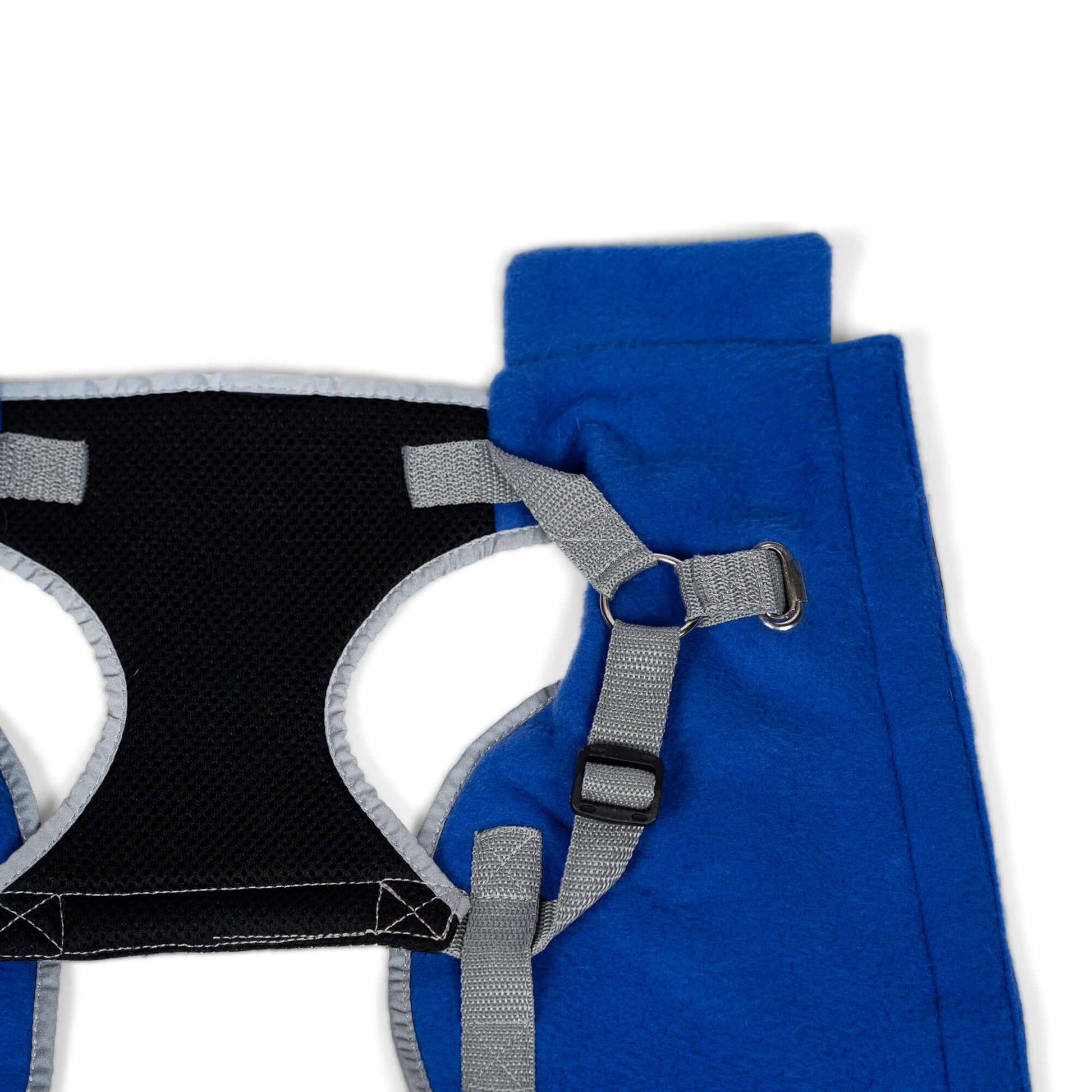 royal blue thermal dog fleece jacket with integrated harness